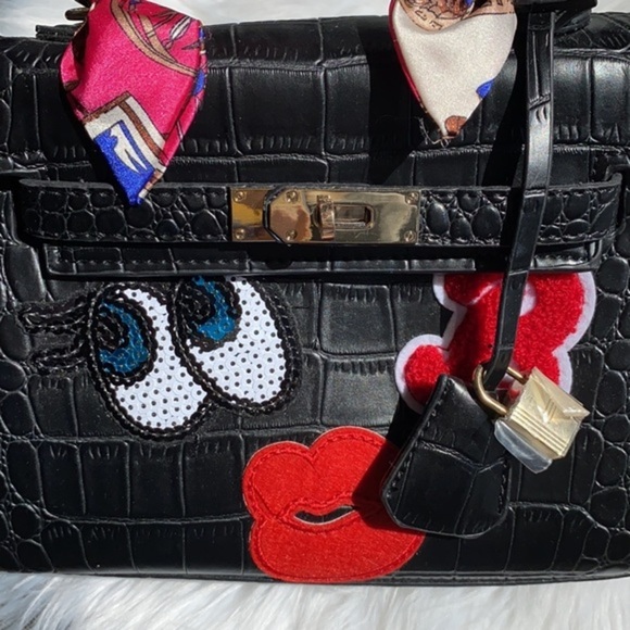 House of Hello HK Black Croc Big Eyes Kelly Style Tote Crossbody Bag Purse - Picture 3 of 16